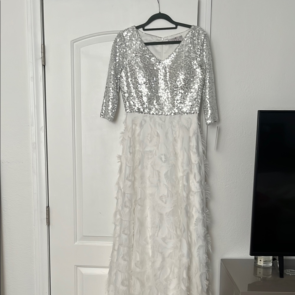 NWT Silver Sequin and White Feather Dress